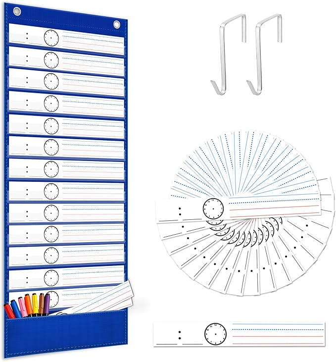 ZKOO Daily Schedule Pocket Chart, 13+1 Pocket Visual Schedule with 18 Double-Sided Reusable Dry-Erase Cards, Teaching Scheduling Pocket Charts for Classroom, Homeschool, Special Education (Blue)