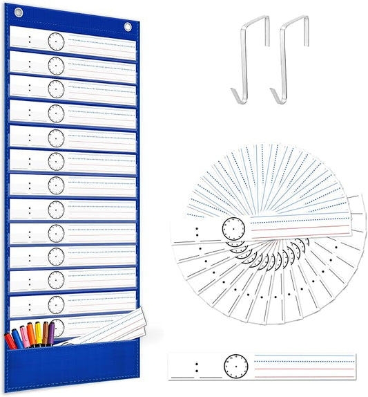 ZKOO Daily Schedule Pocket Chart, 13+1 Pocket Visual Schedule with 18 Double-Sided Reusable Dry-Erase Cards, Teaching Scheduling Pocket Charts for Classroom, Homeschool, Special Education (Blue)