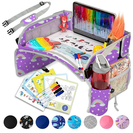 PILLANI Kids Travel Tray for Car - Car Seat Tray for Kids w/ Tablet & Cup Holder - Toddler Travel Activities for Car & Airplane - Road Trip Essentials & Must Haves - Carseat Table Roadtrip Activities
