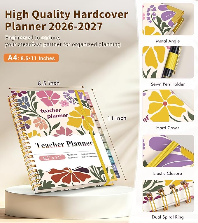 Teacher Planner 2026-2027, July 2026 - June 2027, Academic Weekly & Monthly Calendar Planner with Tabs, 8.5" x 11" A4 Teacher Lesson Plan Book with 7 Periods, Daily Agenda School Organizer for Teacher Student Homeschool Abstract Flowers