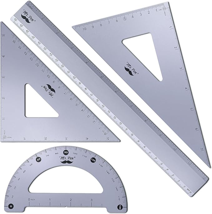 Mr. Pen- Metal Geometry Kit, 4 Pack, 45° & 30°/60° Set Squares, 6" Protractor & 12" Ruler, Durable Metal Drafting Tools for Technical Drawing, Math, Engineering & Architecture