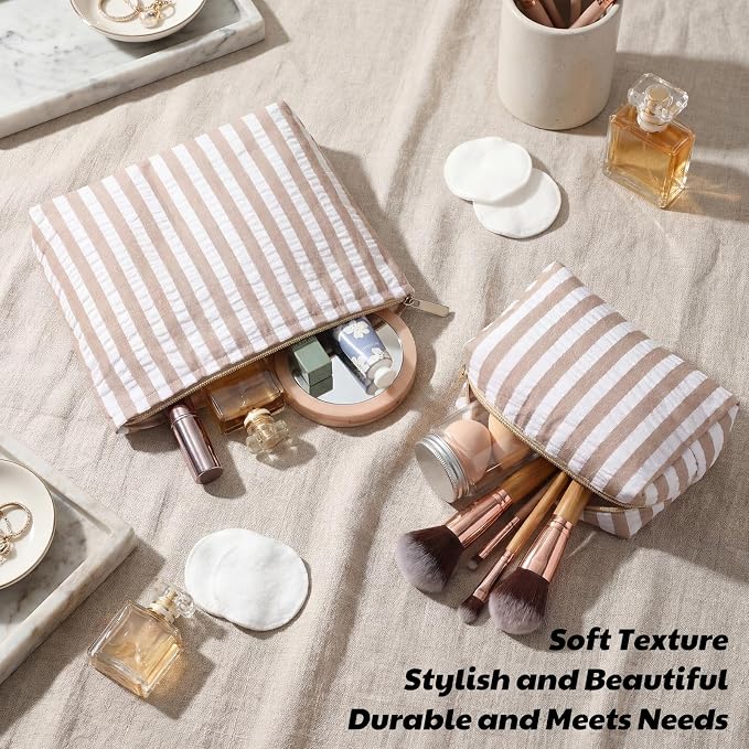 Huhumy 2 Pcs Makeup Bag Set for Women, Khaki, Wide Striped Seersucker | Cute Cosmetic Pouch Women Travel Toiletry Bag Preppy Small Makeup Purse Pouch Aesthetic Skincare Brushes Storage Organizer