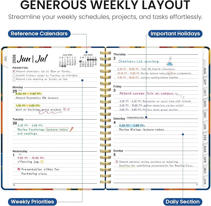 Planner 2026–2027, Academic Monthly Weekly Spiral Calendar, July 2026 – June 2027, Hardcover Agenda Notebook with Tabs, 6.3" x 8.5", Perfect for Students, Teachers, School & Daily Planning - Vivid Petals