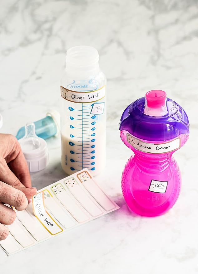 Daycare Labels Value Pack - Bottle Labels (Playful Patterns) and Clothing Labels (Highlighter), Waterproof Labels