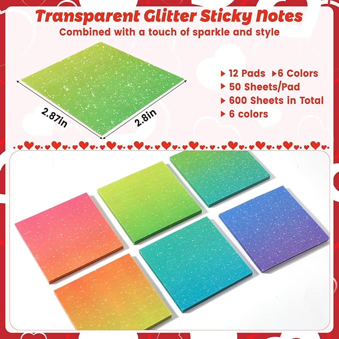 Gueevin 600 Sheets Transparent Sticky Notes 12 Pack Glitter Translucent Clear Sticky Notes Tabs Gradient 6 Color Frosted 2.9'' See Through Memo for Women Aesthetic Bible Journaling Office Supplies