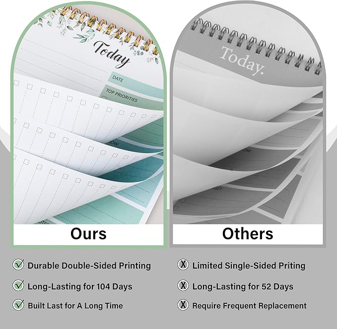 To Do List Notepad - Daily Planner Notepad 104 Pages Task Planner, 6.7" x 9.8" Double Sided Spiral Notebook with Checklist Productivity Planning Pad for Work Office Home-Green