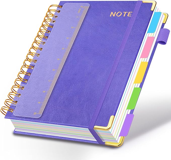 Hardcover Spiral Notebooks for Work 8.5''x 11'', 300 Pages 5 Subject Notebook with Dividers & Tabs, A4 Spiral Journal for Women, College Ruled Notebooks for School Note-Taking (Purple)