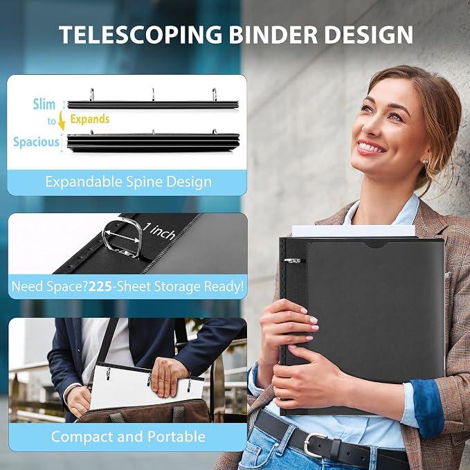 WOT I Telescoping 3 Ring Binder 1 Inch, Expandable Binder - Patented Design for Easy Portability, Holds 8.5"x11" Paper, Perfect for School, Office&Home Organization, Black