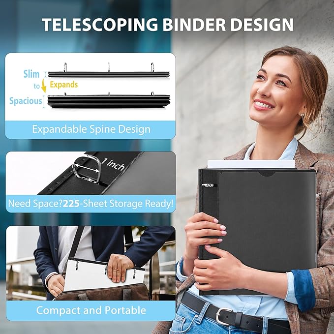 WOT I 1 Inch Telescoping 3 Ring Binder 4 Pack, Expandable Flexible Binder with Customizable Front Cover & Clear Catalog Pocket, Holds 8.5"x11" Paper, School Office Supplies, Black