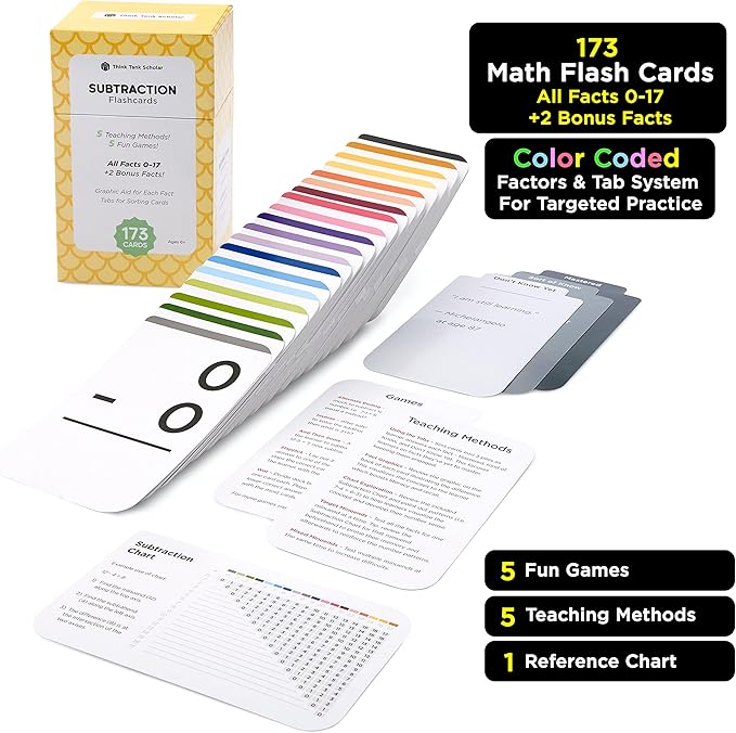 Think Tank Scholar 173 Subtraction Flash Cards Set (Award Winning) All Facts 0-17 Answer on Back, for Kids in Kindergarten, 1ST, 2ND, 3RD, 4TH Grade Class or Homeschool - Learn Math Manipulatives