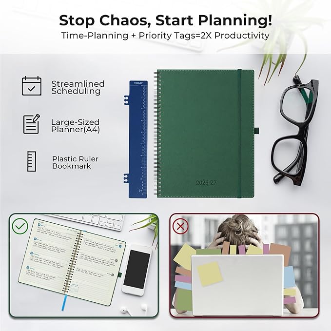 Planner 2026-2027 Daily Weekly and Monthly,11.5"x8.5",18 Months Spiral Bound Calendar Agenda with Self-adhesive Pen Holder,2026 Academic Plan with Vegan Leather Soft Cover,Green