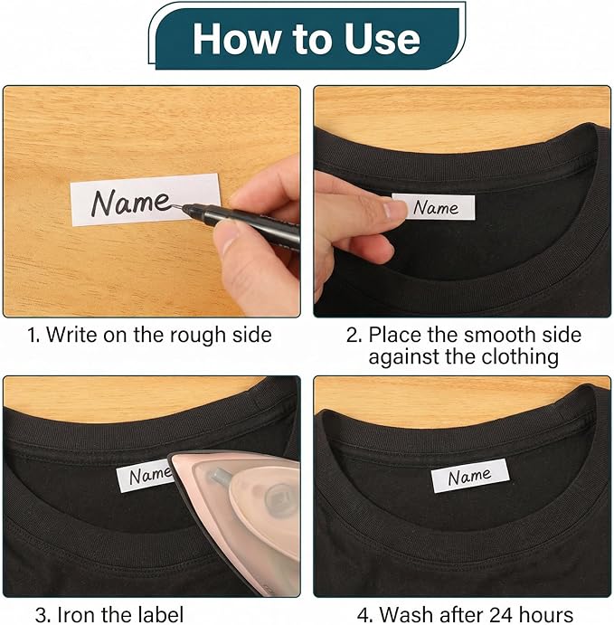 200 PCS Iron on Name Tags for Clothing, Clothing Labels with 2 Pcs Permanent Markers, Personalized Name Fabric Labels for Nursing Home Daycare Camp School Uniforms
