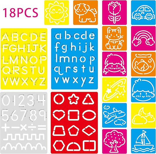 18 PCS Letter Tracing Stencils for Kids Numbers Alphabet Colorful Stencil Mix Car Animal Stencils Writing Practice Kit