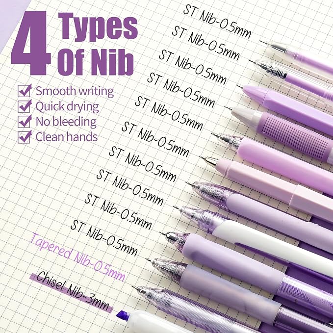 Four Candies Gel Pens, Cute Purple Pens Black Ink, 0.5mm Fine Point 12-Pack | Back to School Supplies, Office Essentials for Women, Girly Stationery Set, Aesthetic Desk Decor & Accessories - Lavender