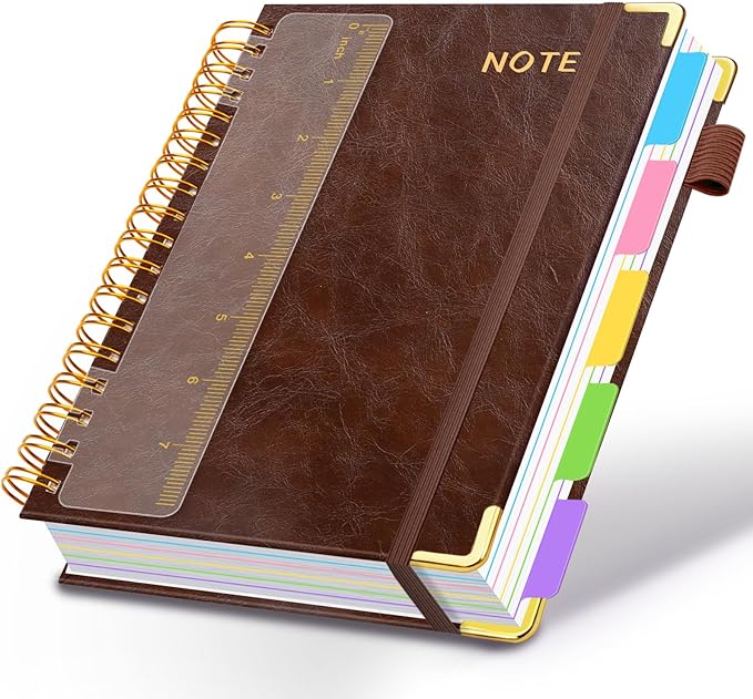 Hardcover Spiral Notebooks for Work 6.2"x 8.2", 300 Pages 5 Subject Notebook with Dividers & Tabs, A5 Spiral Journal for Women, College Ruled Notebook for School Note-Taking (Dark Brown)