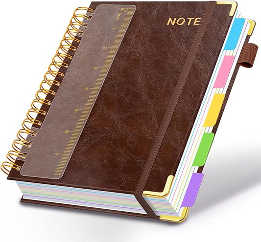 Hardcover Spiral Notebooks for Work 6.2"x 8.2", 300 Pages 5 Subject Notebook with Dividers & Tabs, A5 Spiral Journal for Women, College Ruled Notebook for School Note-Taking (Dark Brown)