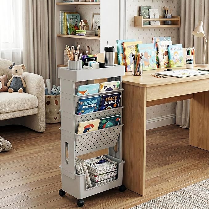 5-Tier Mobile Bookshelf, Rolling Bookcase Book Storage Rack, Movable File Folder Organizer Cart with Wheels for Home Study Office Living Room Classroom, Gray