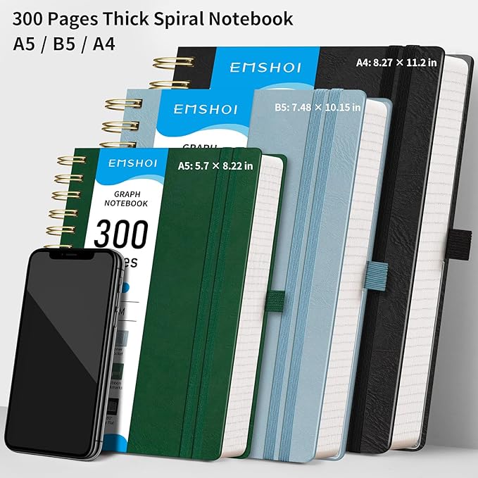 EMSHOI Spiral Graph Notebook, 300 Pages, A5 Small 5.7"x8.22", 100 GSM Thick Paper, PU Leather Hardcover, 5mm Grid Journal for Work School Math Engineering Writing Graphing, Dark Green