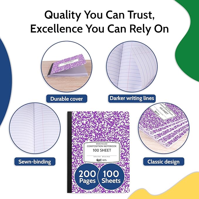 4 Pack - EPI Wide Ruled Marble Composition Notebook - Purple 200 Page Note Book - 9.75 x 7.5 Inch Hardcover Journal with Sewn Binding for Secure Pages - Classroom Back to School Supplies