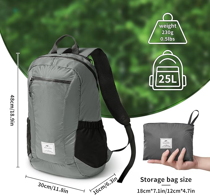 Naturehike 25L Lightweight Hiking Backpack, Waterproof Camping Packable Backpack Ultralight for Travel, Airplane, Small Hiking Daypack for Adults, Grey