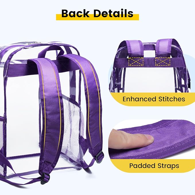 Vorspack Clear Backpack Heavy Duty - Large Clear Backpacks Transparent Bookbag for Girls Boys Large See Through Bag for Work, College, Concert - Purple