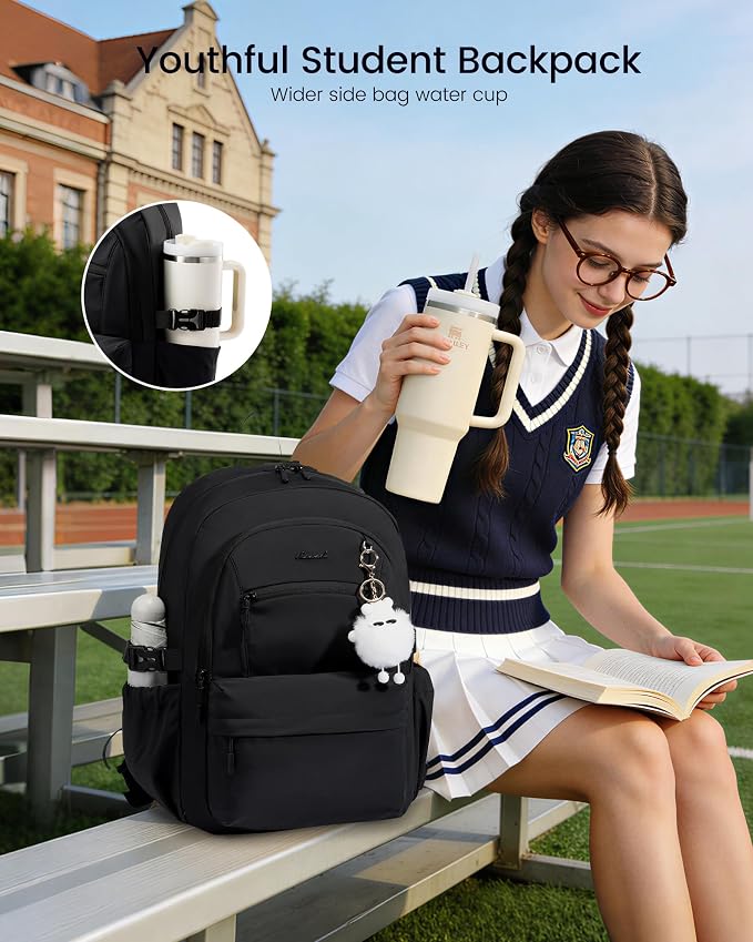LOVEVOOK School Backpack for Teen Girls & Women, 35L Large Laptop Backpack with 40oz Water Bottle Pocket, Waterproof Cute College Bookbag, Student Backpack for Middle High School Travel Work Black