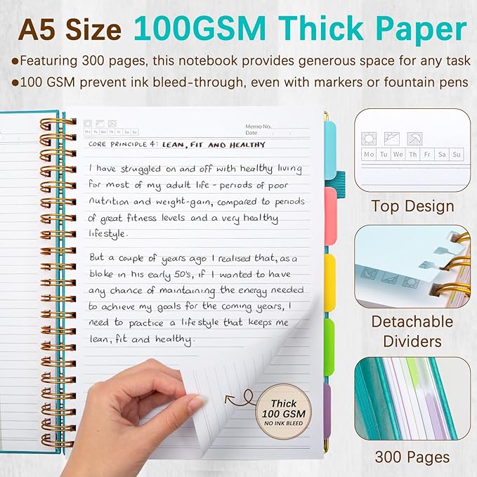 Hardcover Spiral Notebooks for Work 6.2"x 8.2", 300 Pages 5 Subject Notebook with Dividers & Tabs, A5 Spiral Journal for Women, College Ruled Notebook for School Note-Taking (Cyan)