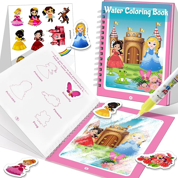 Reusable Water Coloring Books for Toddlers 1-3 with 18+ Stickers & No-Mess Pen, Princess Theme Water Coloring Books for Toddlers 1-3, Magic Paintless Painting Book for Toddler, Paintless Painting Book