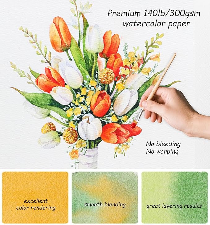 Watercolor Workbook for Beginners - Water Colors Paint Adult Set Including Video and Step by Step Tutorials,12 Flowers Water Coloring Book，300GSM Bleed-Resistant Paper，Relaxing Art Gift for Adults (Floral with Paints)