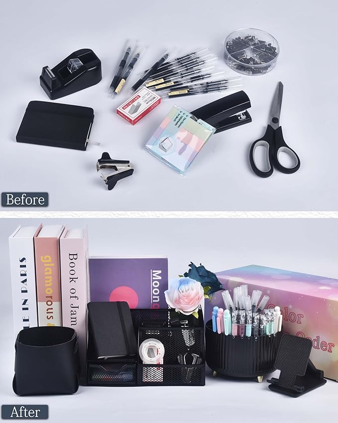 20Pcs Black Desk Organizers and Accessories With Mesh Desk Organizer and 360°Rotating Pen Holder and a Lot of Office Black Office Supplies Beautifully Presented in a Gift Box