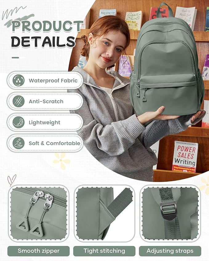 BJLFS Green Cute School Backpack with Laptop Compartment Small Travel Laptop Backpack for Women Men Waterproof College Backpack Simple School Bag for Teens Girls Boys