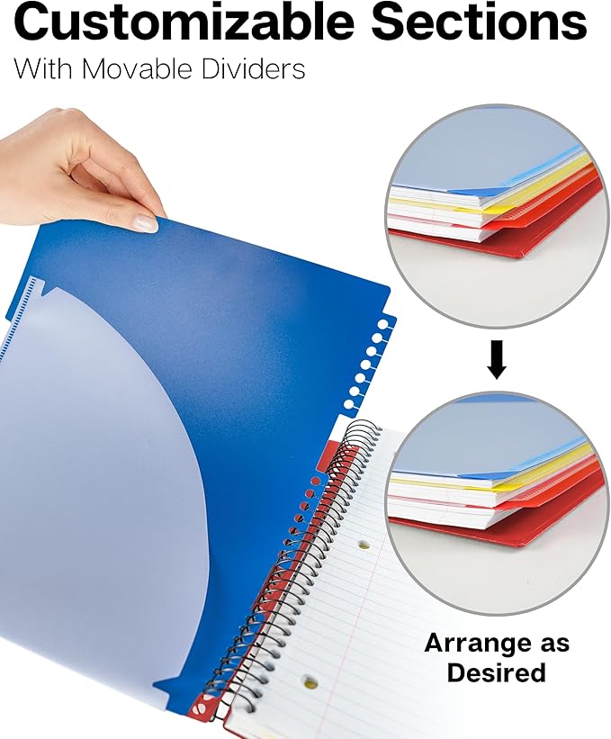 Dunwell 3-Subject Spiral Notebook College Ruled 8.5x11 (Red), 150 Sheets (300 Pages), Tabs, Color Movable Divider Pockets, Protective Plastic Covers, 3-Hole Punched Tear-Off Paper