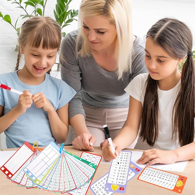 60Pcs Multiplication Division Addition and Subtraction Flash Card, Math Flash Cards with 8 Dry Erase Pens 4 Rings, Time Table Flash Cards for 1st to 3rd Grades Fun Learning with Math Game