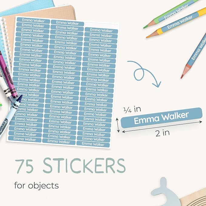 Personalized Kids Name Labels for Pencils Blue [75pcs] - Waterproof Name Stickers for School & Daycare - Pencil Custom Name Stickers - Children Name Stick On Labels for Pens (2.0”x0.3”)