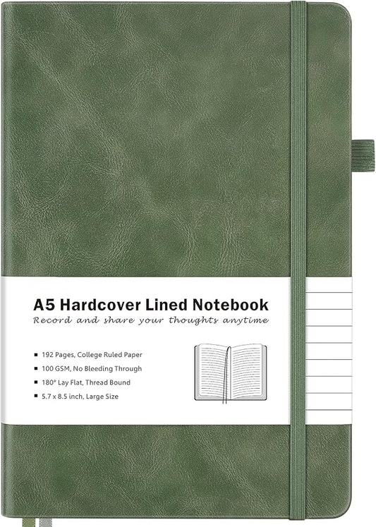 MALEDEN Notebook, A5 Hardcover Leather Notebook for Work, Notebook Journal for Women, Men, 192 Thick Paper, Large Notebook with Pockets, Professional Business Notebook (College Ruled, Light Green)