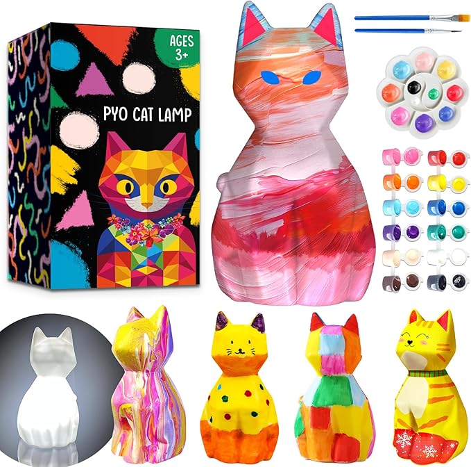 FUNZBO Paint Your Own Cat Lamp Kit - Arts and Crafts Supplies Kitten Painting for Kids Teens, DIY Night Light Toy for Girls Boys Age 3 4 5 6 7 8 9 10 11 12 13 Birthday Gifts