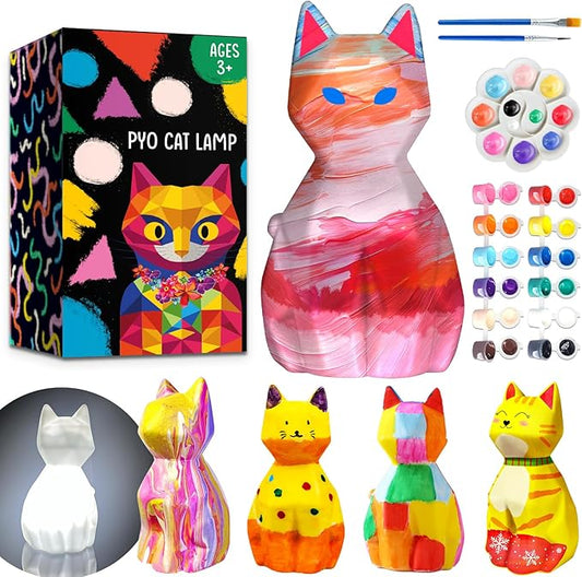FUNZBO Paint Your Own Cat Lamp Kit - Arts and Crafts Supplies Kitten Painting for Kids Teens, DIY Night Light Toy for Girls Boys Age 3 4 5 6 7 8 9 10 11 12 13 Birthday Gifts