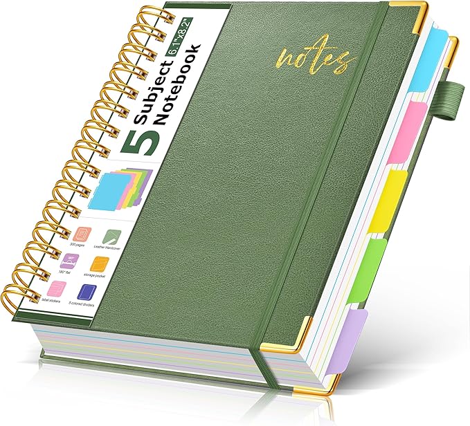 5 Subject Spiral Notebook Journal with Removable Dividers Tabs, 300 Pages Organizer Notebooks for Work School, A5 Hardcover Leather Notebook College Ruled, Lined Journal for Women Men，Sage