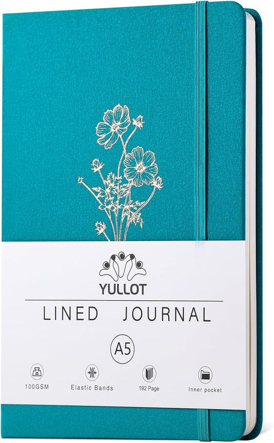 YULLOT Lined Journal Notebook –A5 PU Leather Hardcover Notebook, 100gsm Thick Bleedproof Paper with Inner Pocket – 192Pages Lined Writing Journal for Students Women Note Taking - Teal