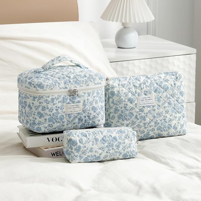 uekeboag Large Travel Quilted Makeup Bag for Women | Soft Floral Cotton Cosmetic Bag, Foldable Coquette Aesthetic Toiletry Organizer