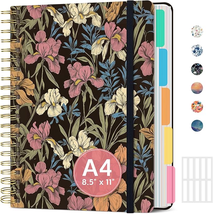 Large Spiral Lined Notebooks for Work with Removable Dividers & Tabs, 8.5"x11" Pretty Hardcover 5 Subject Notebook Journal for Women, College Ruled, Perfect for Study & Office Organization, 280 Pages, Vintage Iris