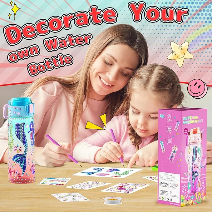 BOOH Decorate Your Own Water Bottle Kits for Girls, Mermaid Diamond Painting Toys & Friendship Bracelet, Fun Arts Crafts for Ages 4-6-8-10, Birthday Gifts Toys for Kids