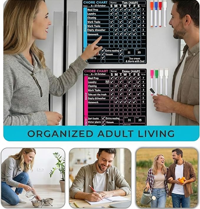3 Pcs Blackboard Chore Chart Set - Pocket Charts Dry Erase Chore Chart for Multiple Users, Teens & Adults. Fridge Magnetic Blackboard Set, 3 Individual Charts (10"x10" Each) & 8 Fine Tip Markers