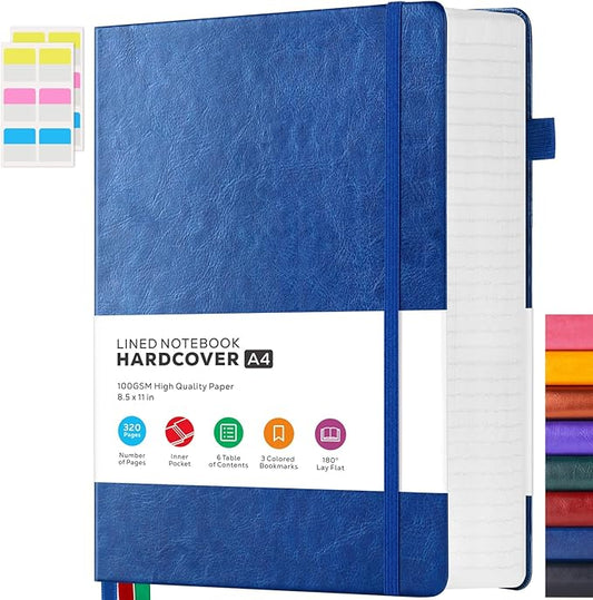 FOCUS DAY Hardcover Journal Notebook 8.5 x 11, 320 Pages Large A4 Notebook Journal College Ruled for School Work, Big Leather Journal for Writing Women Men, 100Gsm Lined Paper, Blue