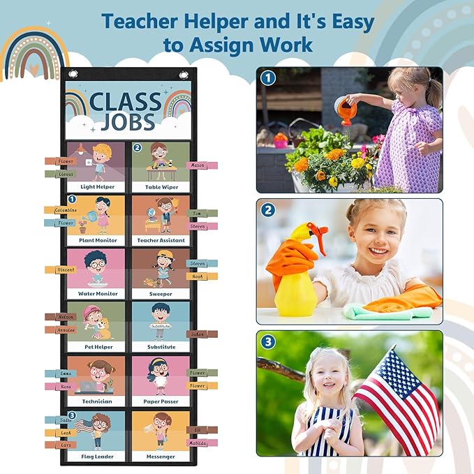 Pasimy Class Jobs Pocket Chart Class Helpers Pocket Chart Classroom Jobs Cards with Clips and Hooks Teacher's Helper Bulletin Board Set for Back to School Classroom Teacher Supplies (Boho)