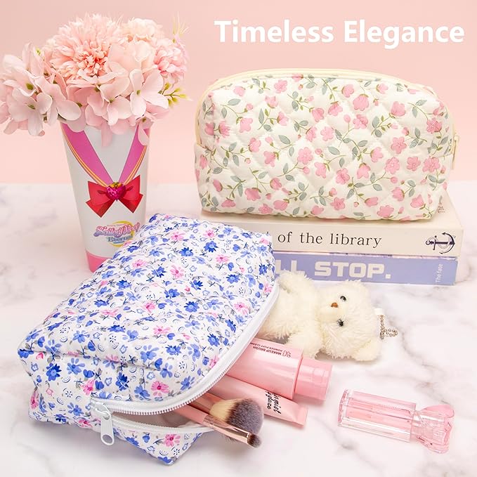 PAZIMIIK 6PCS Vintage Quilted Makeup Bag SET Cosmetic Pouch for Brushes Pencils and Travel Make Up Accessories for Women and Girls Flower Blue
