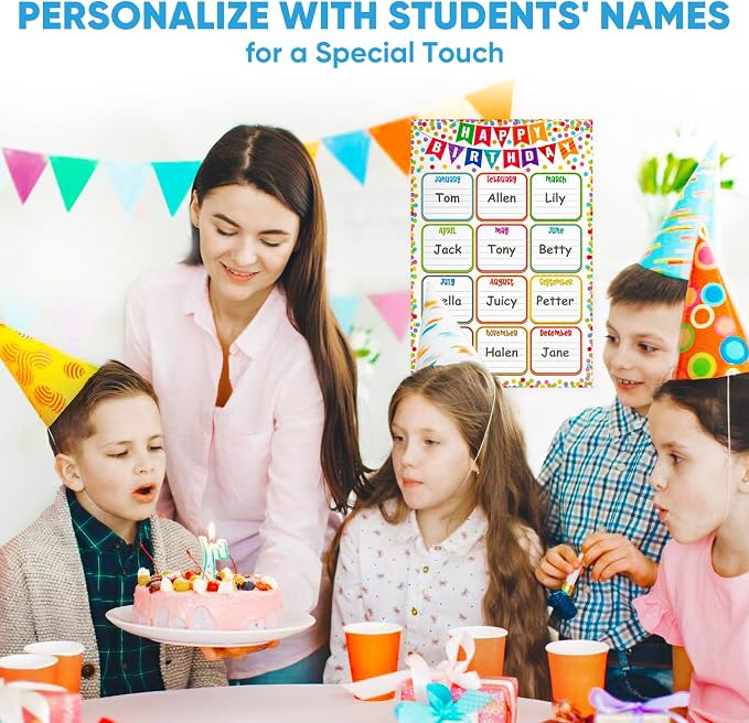 FaCraft Reusable Classroom Birthday Chart Poster - 11.2" x 16.5" Laminated Happy Birthday Calendar for Bulletin Board Stain-Free Dry Erase Teacher Supplies for Elementary & Preschool with 10 Glue Dots