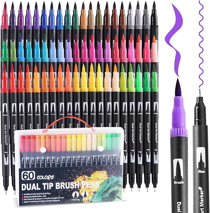 TOSHARE Art Markers Pens Dual Tip Coloring Markers Set with Brush & Fine Nib for Adult Coloring Book Brush Pens Professional Calligraphy & Drawing Art Supplies Kit for Adults (60 Colors)