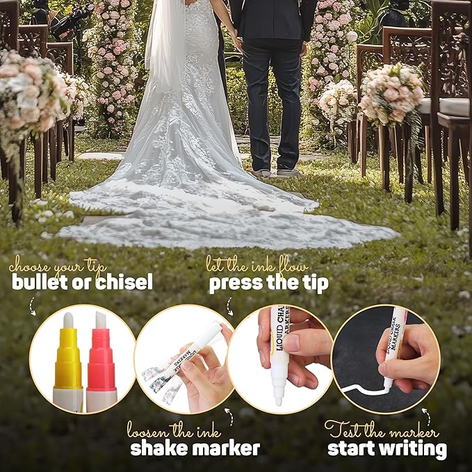 Liquid Chalk Markers: Wedding Edition - Pack of 8 - Non-Toxic, Water-Based, Erasable, Dust Free Chalk Pens for Chalkboards, Blackboards, Windows and Glass - 6mm Reversible Bullet and Chisel Tip