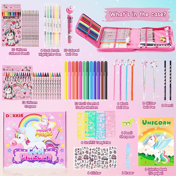 DOKKIA Fruit Scented Coloring Pens Markers Set 65 PCS Art Craft Drawing Case - Washable Kits Pencil,Gel Pen,Crayon&Coloring Book Supplies Rainbow Unicorn Pink